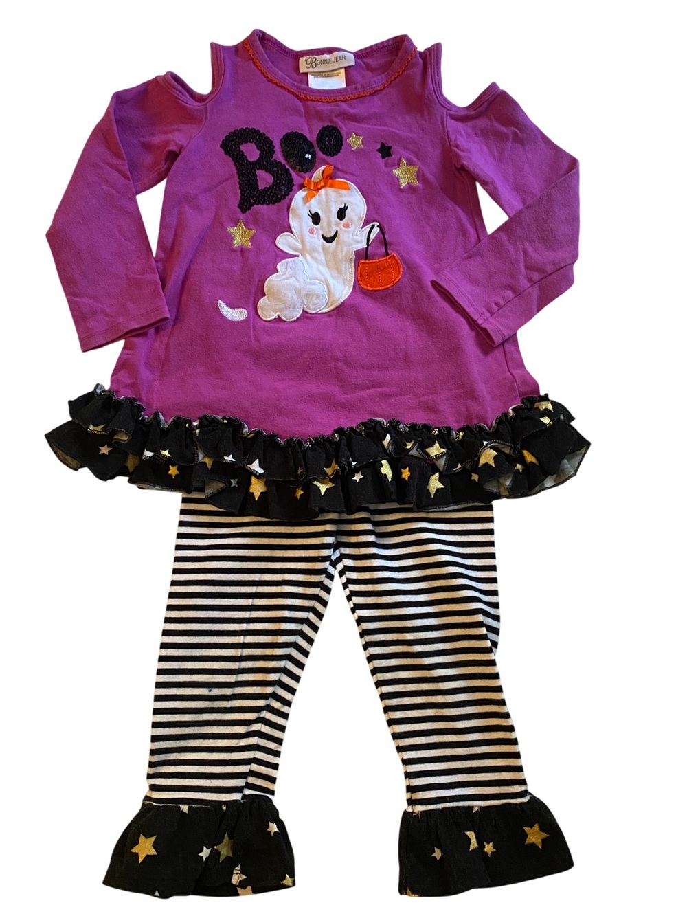 Bonnie Jean Little Girl Halloween BOO Cold-Shoulder Ghost Tunic & Legging Set-3T